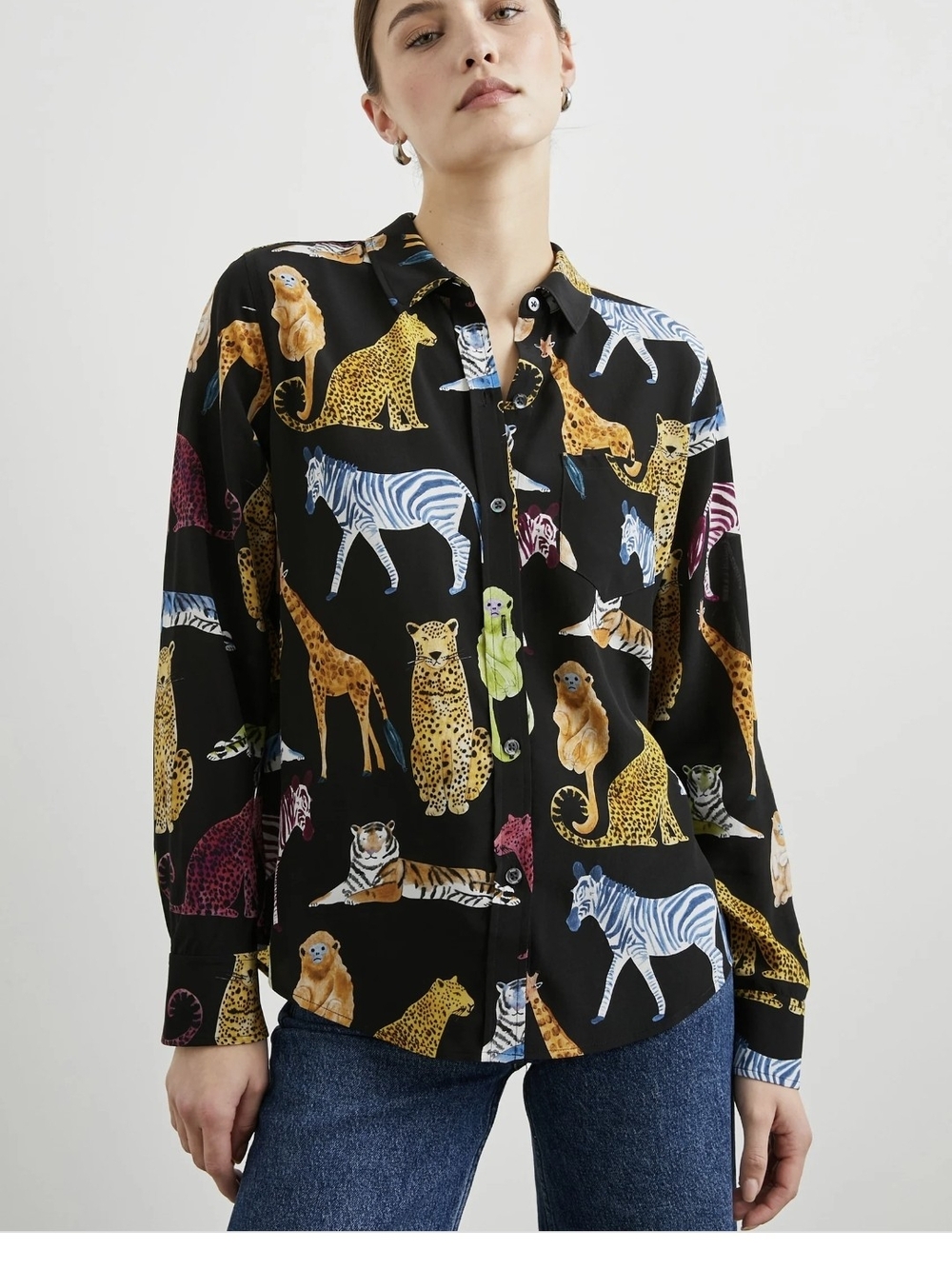 Rails UK Kate Button-Front Shirt Illustrated Animals 100% Silk